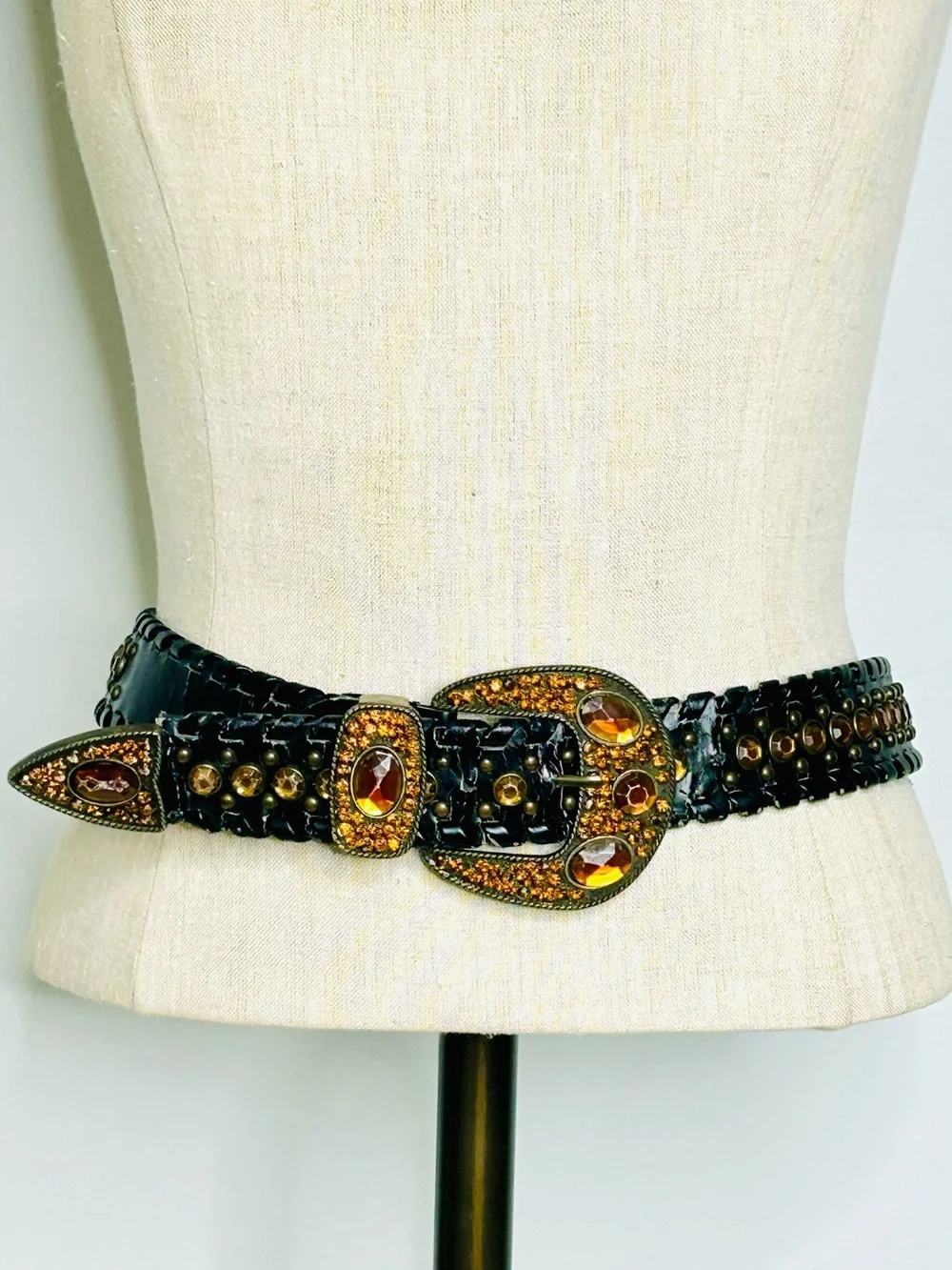 Western Rhinestone Whipstitch Belt with Orange Stones and Black Faux Leather
